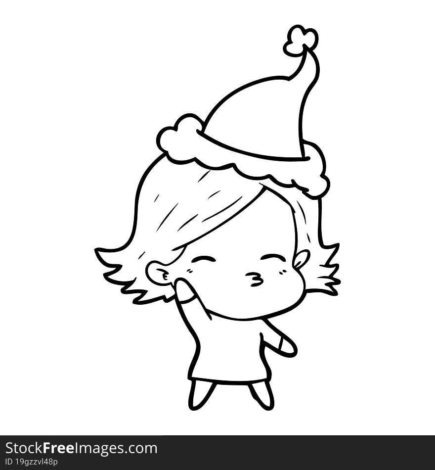 hand drawn line drawing of a woman wearing santa hat