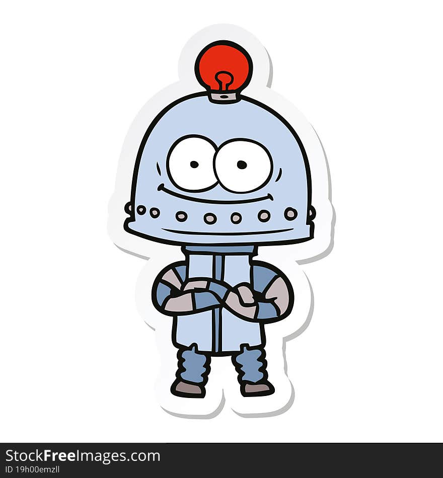 sticker of a happy carton robot with light bulb