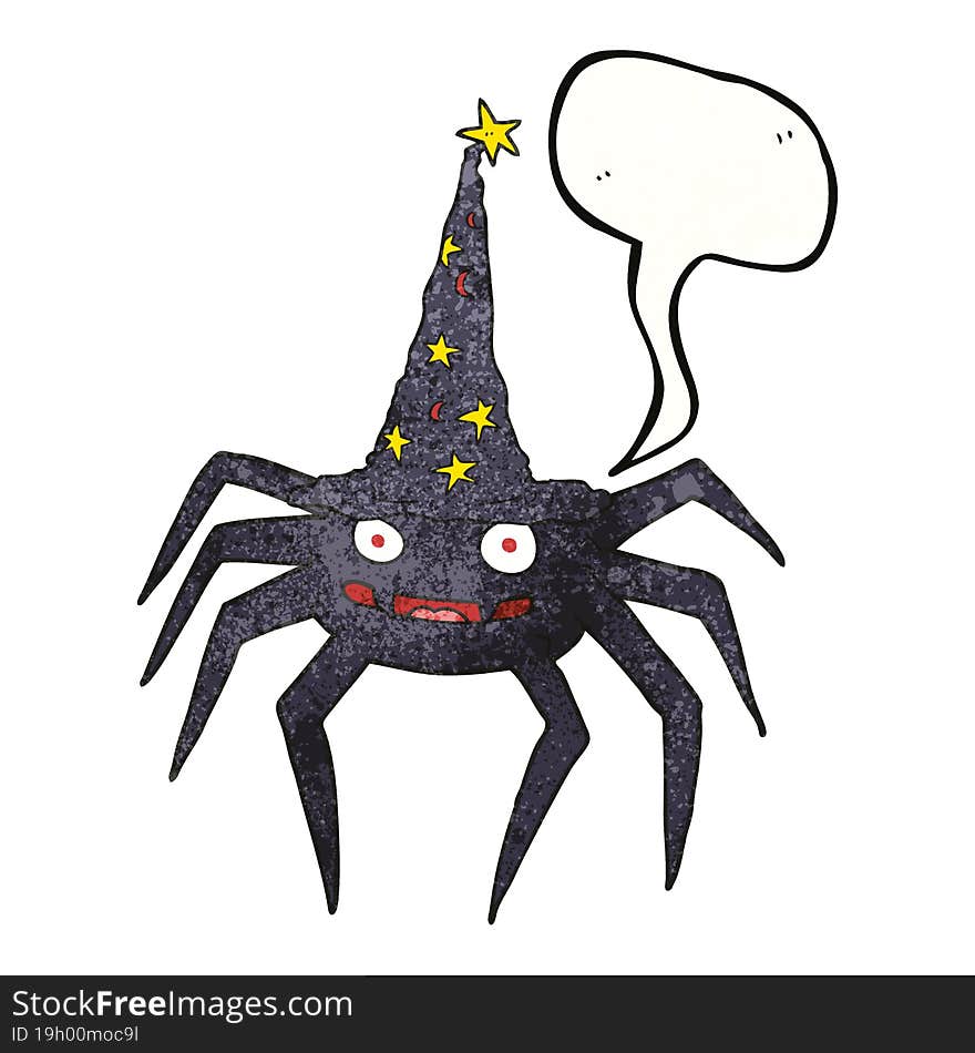 speech bubble textured cartoon halloween spider in witch hat