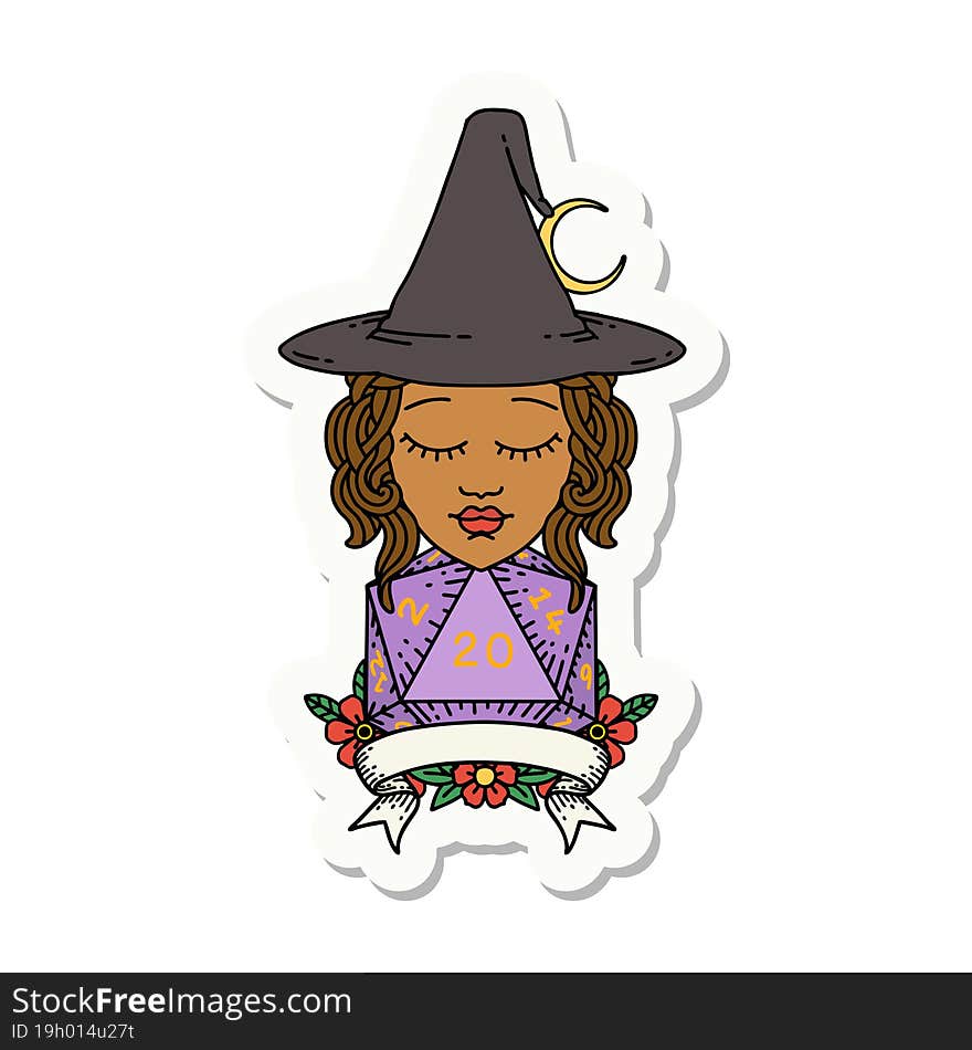 human witch with natural twenty dice roll sticker