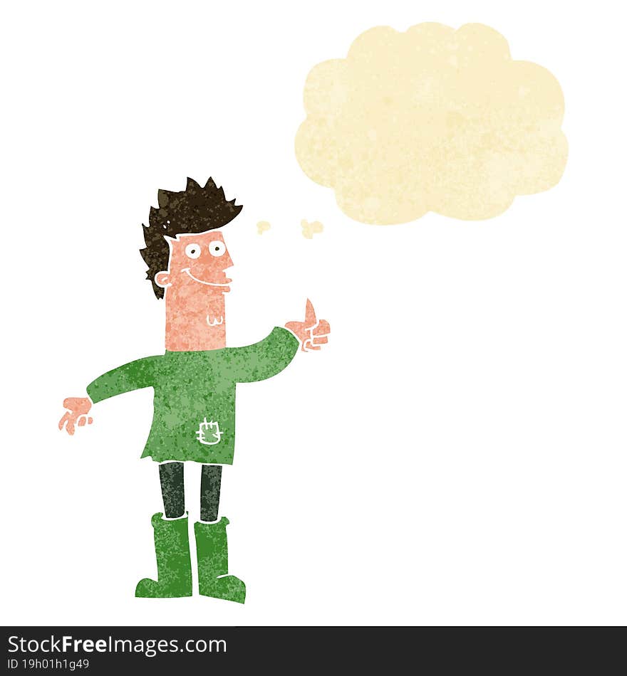 cartoon positive thinking man in rags with thought bubble