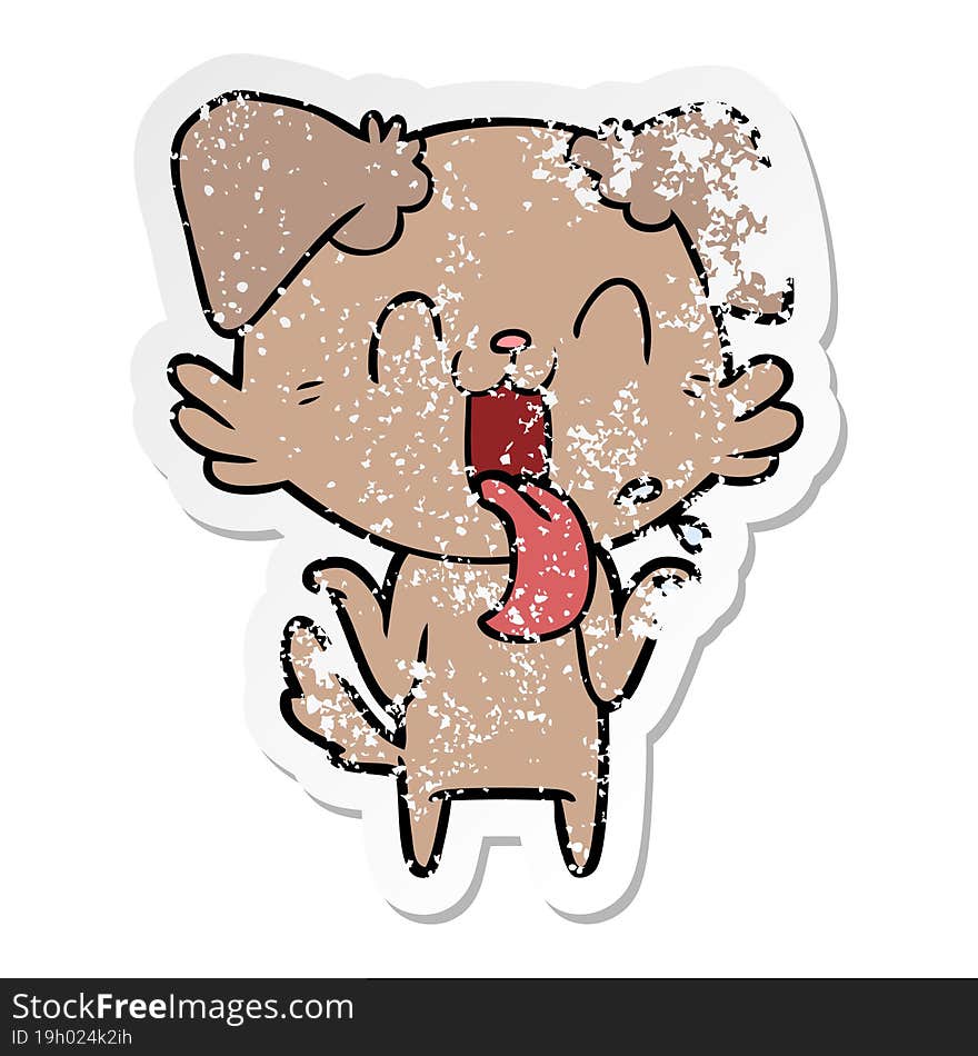 distressed sticker of a cartoon panting dog shrugging shoulders