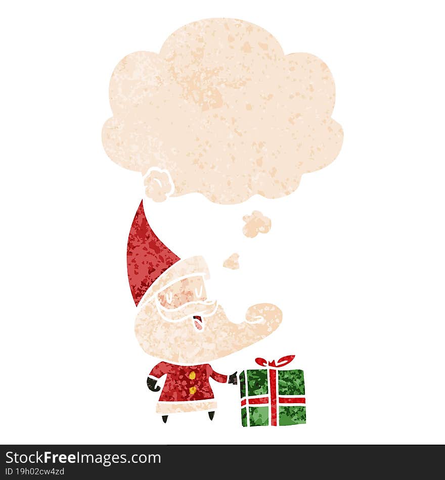 cartoon santa claus and thought bubble in retro textured style