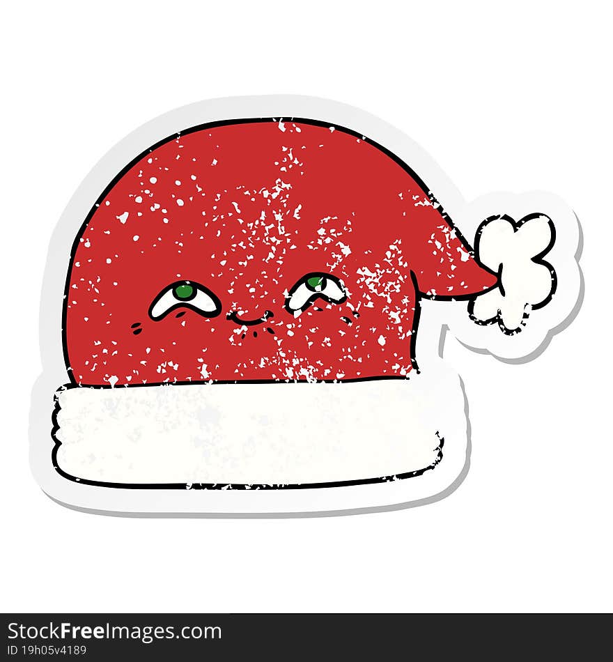 distressed sticker of a cartoon christmas santa hat