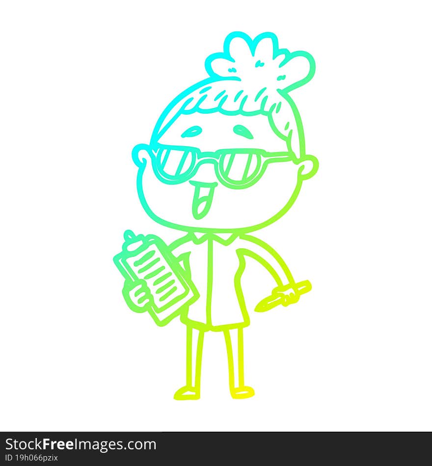 cold gradient line drawing cartoon happy woman wearing spectacles