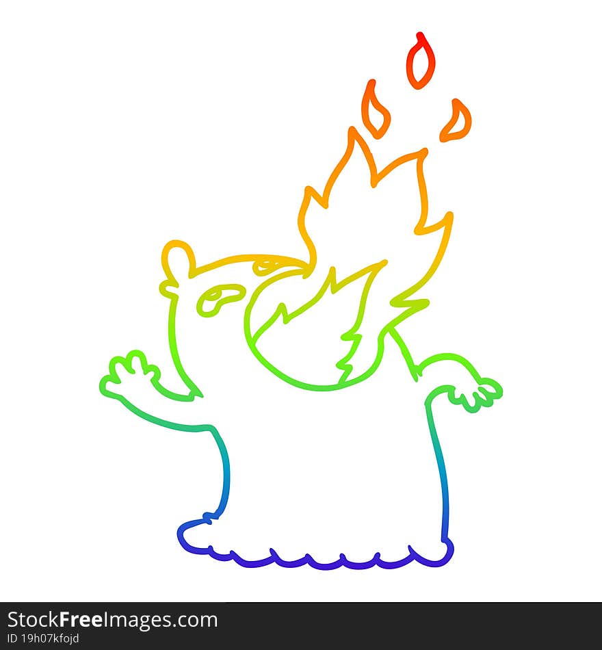 rainbow gradient line drawing of a cartoon fire breathing ghost