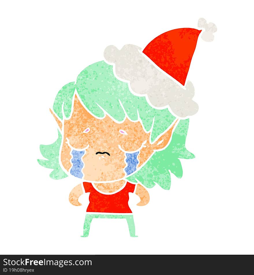 Retro Cartoon Of A Crying Elf Girl Wearing Santa Hat