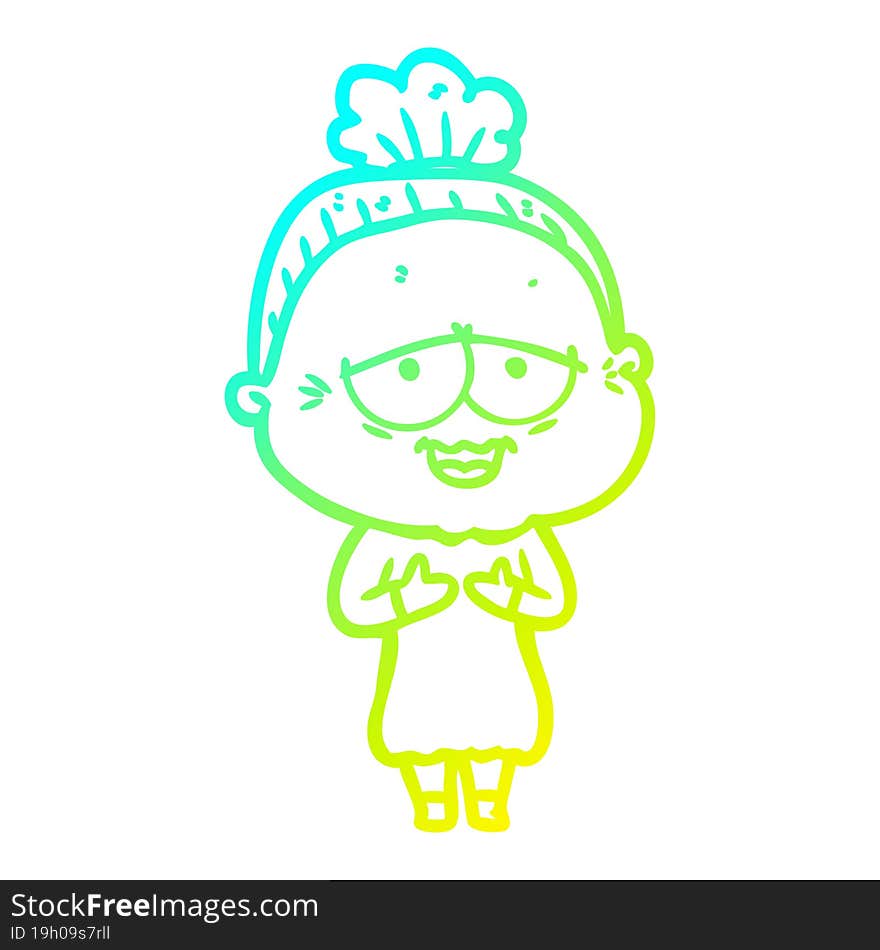 cold gradient line drawing of a cartoon happy old lady