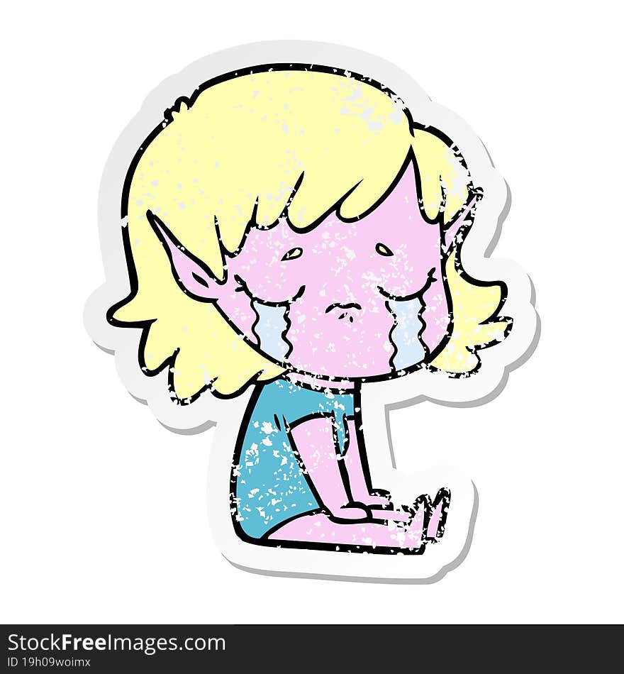 distressed sticker of a cartoon crying elf girl