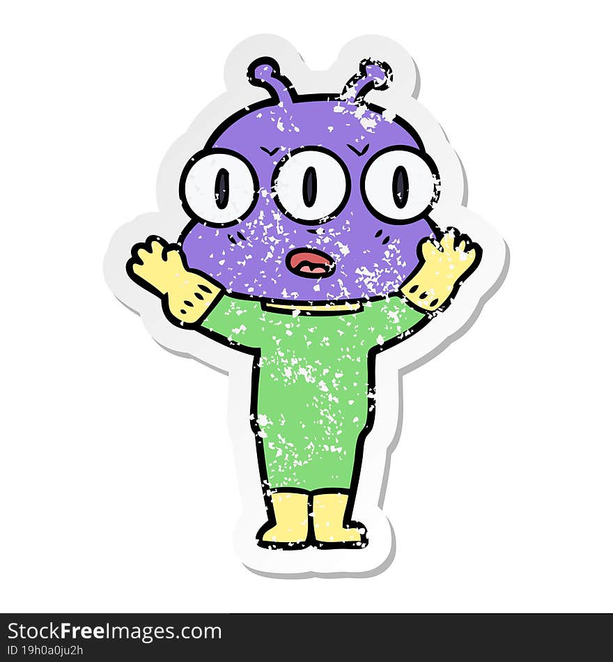 distressed sticker of a cartoon three eyed alien