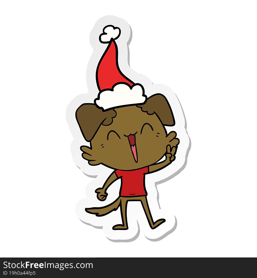 happy little dog sticker cartoon of a wearing santa hat