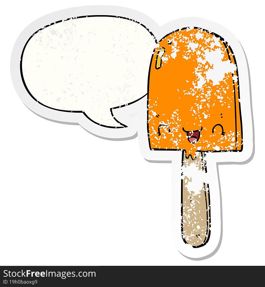 cartoon ice lolly and speech bubble distressed sticker