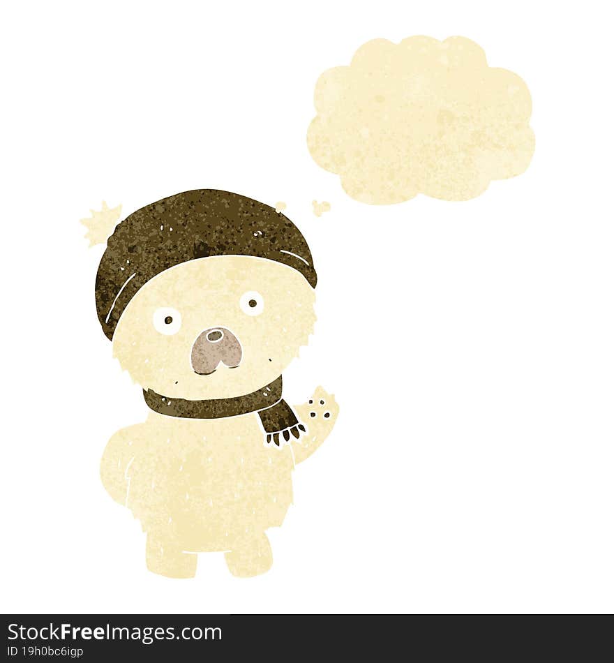 cartoon cute polar bear in winter hat and scarf with thought bubble