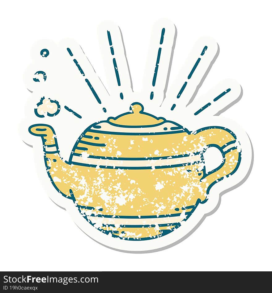 grunge sticker of tattoo style steaming teapot