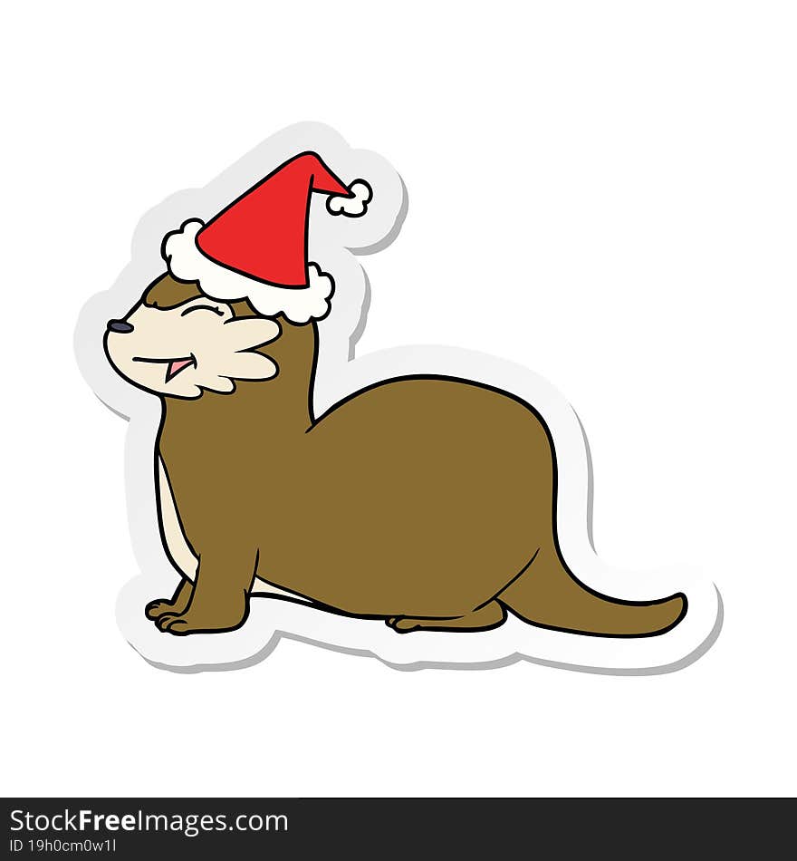 laughing otter hand drawn sticker cartoon of a wearing santa hat. laughing otter hand drawn sticker cartoon of a wearing santa hat