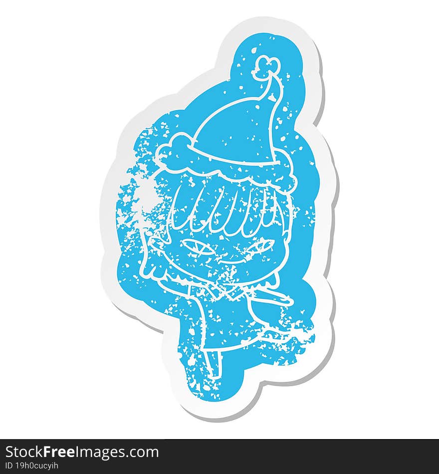 quirky cartoon distressed sticker of a woman wearing santa hat