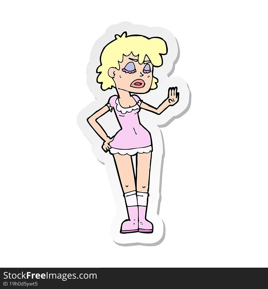 sticker of a cartoon woman making dismissive gesture