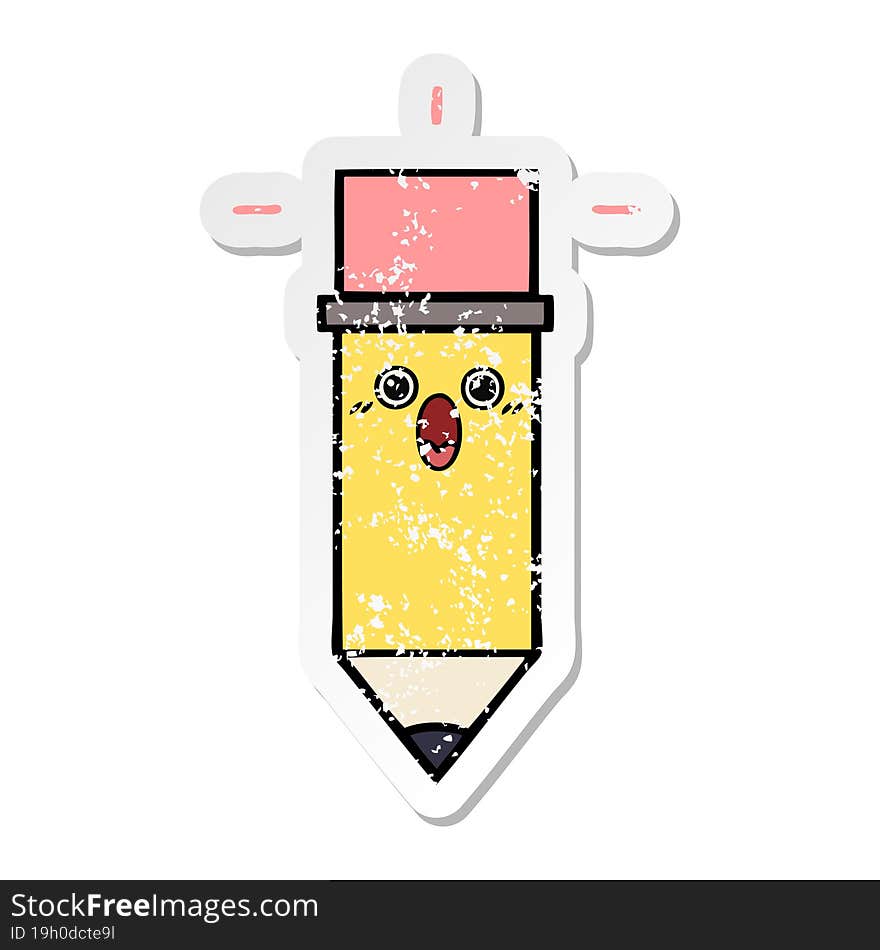 distressed sticker of a cute cartoon pencil