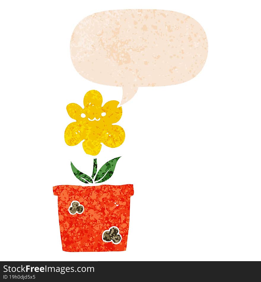 Cartoon House Plant And Speech Bubble In Retro Textured Style