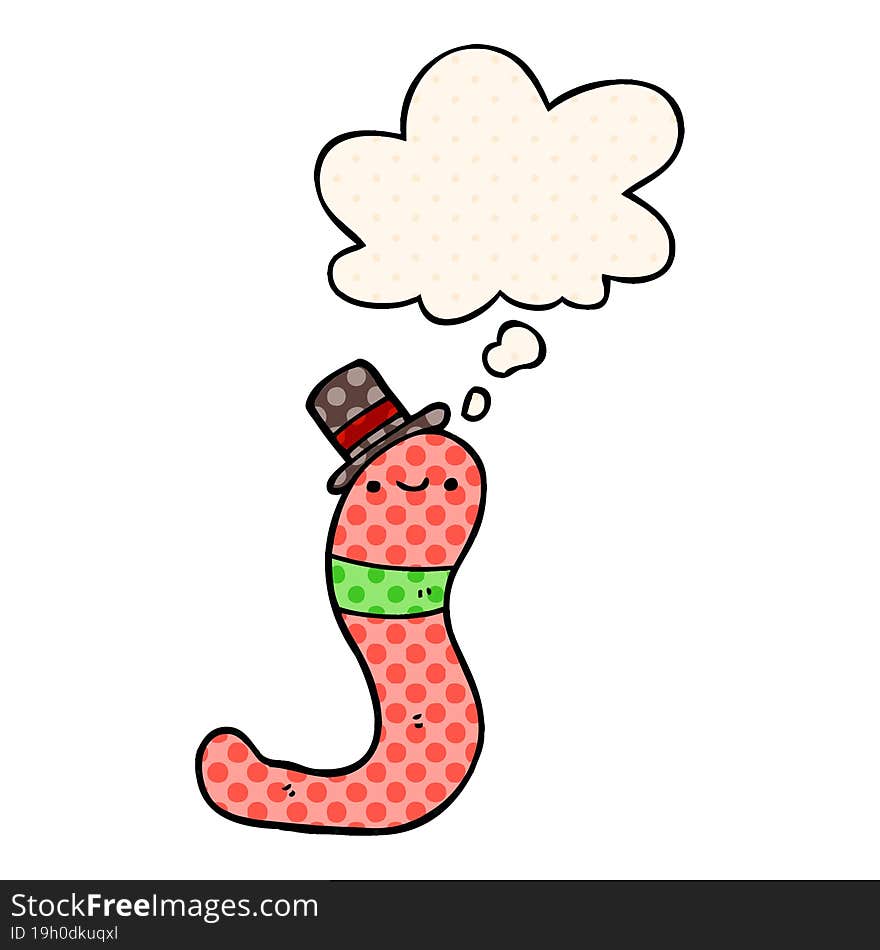 cute cartoon worm with thought bubble in comic book style