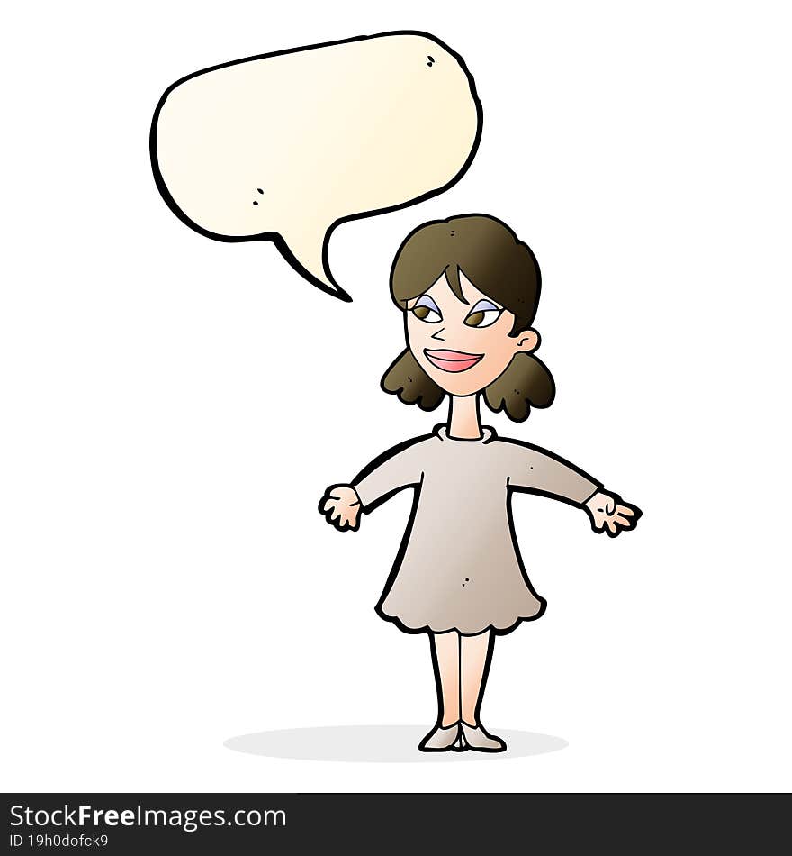 cartoon woman with open arms with speech bubble