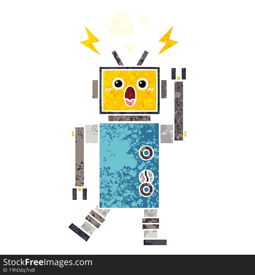 retro illustration style cartoon malfunctioning robot