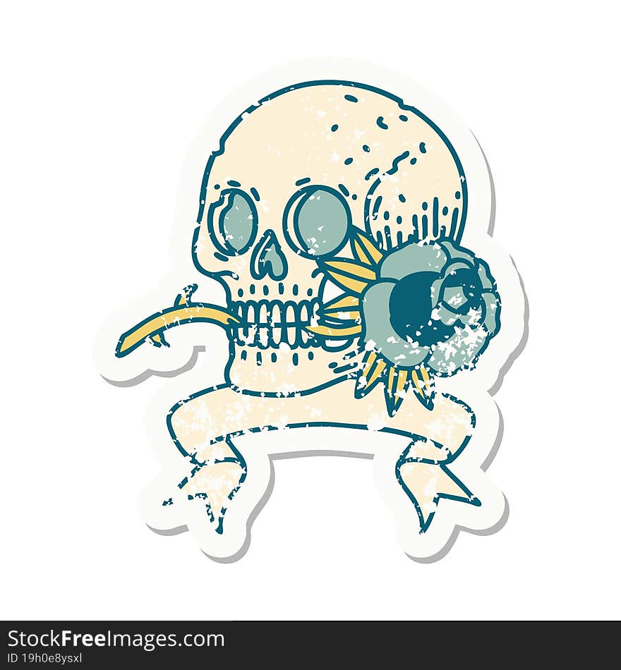 Grunge Sticker With Banner Of A Skull And Rose