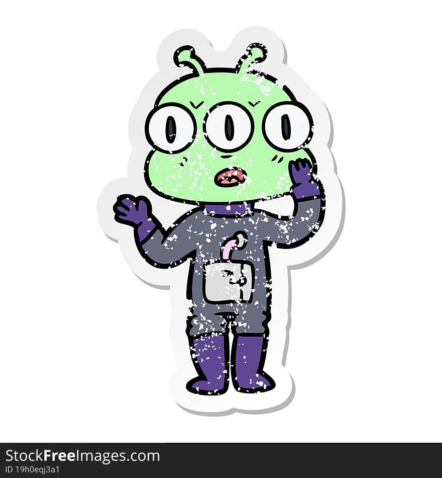 distressed sticker of a cartoon three eyed alien