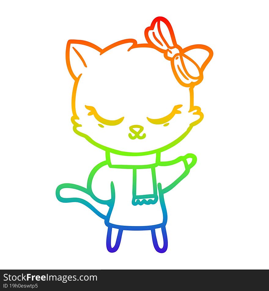 rainbow gradient line drawing cute cartoon cat with bow