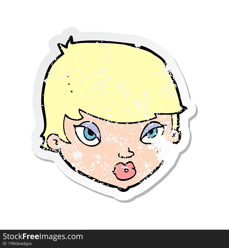 retro distressed sticker of a cartoon unimpressed woman