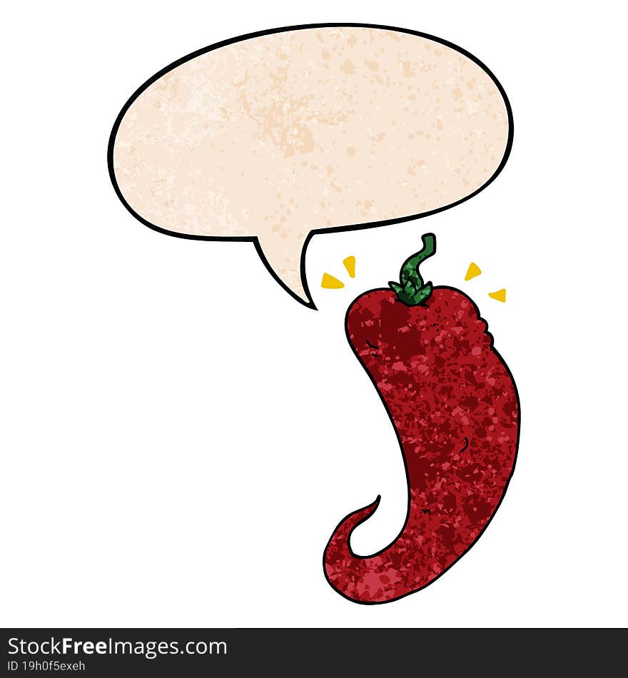 Cartoon Chili Pepper And Speech Bubble In Retro Texture Style