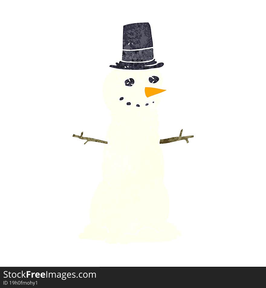 freehand retro cartoon snowman in top hat