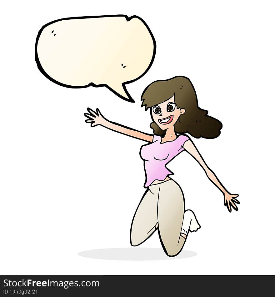 cartoon jumping woman with speech bubble