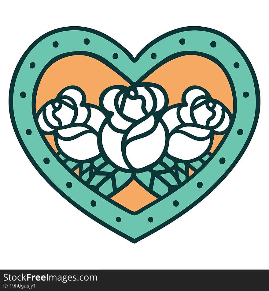 iconic tattoo style image of a heart and flowers. iconic tattoo style image of a heart and flowers