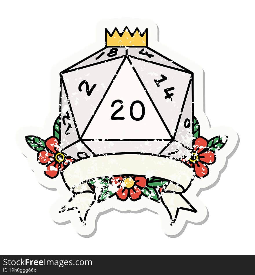 Natural 20 Critical Hit D20 Dice Roll Grunge Sticker