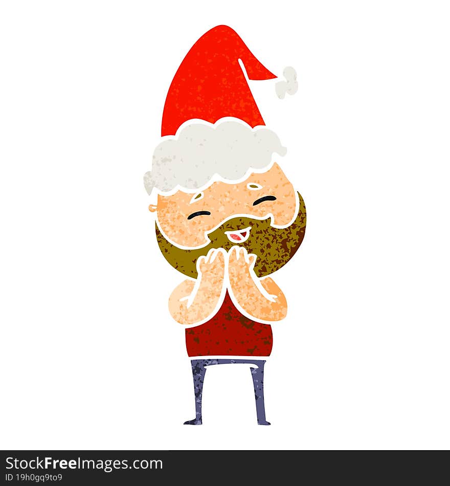 retro cartoon of a happy bearded man wearing santa hat