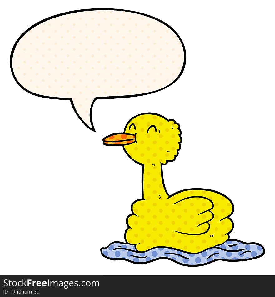 cartoon swimming duck with speech bubble in comic book style
