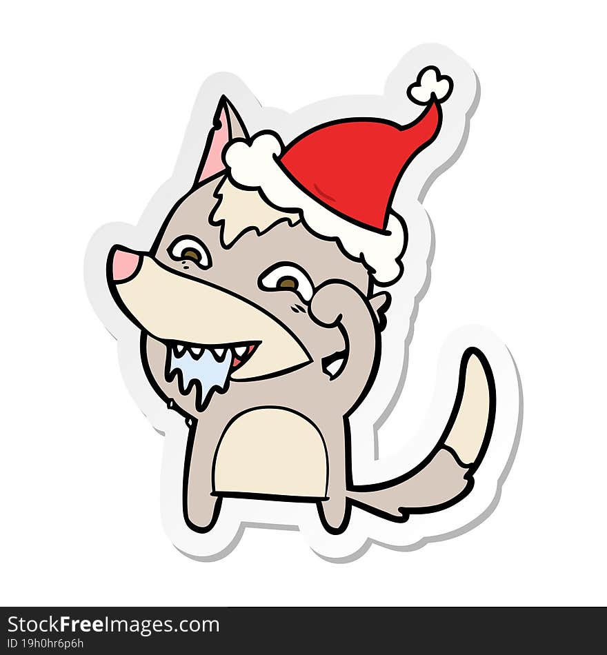 sticker cartoon of a hungry wolf wearing santa hat