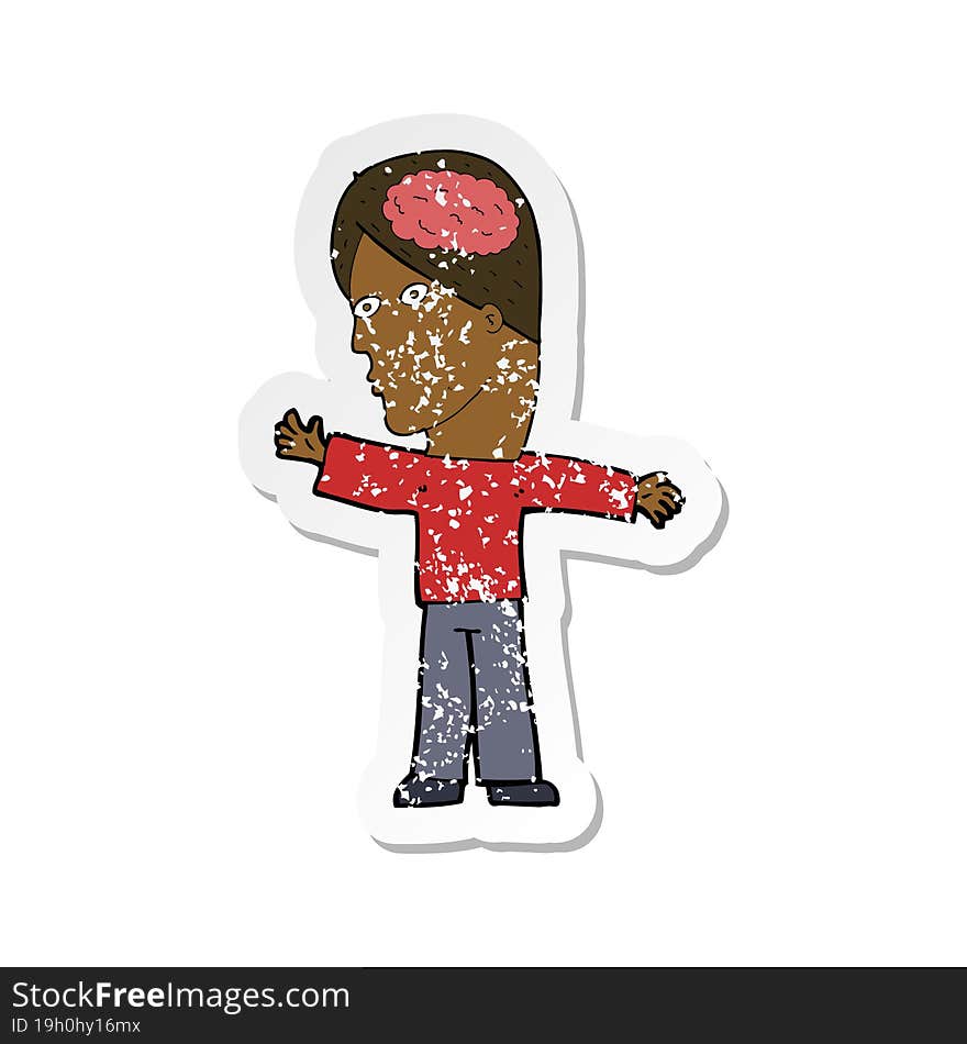 retro distressed sticker of a cartoon man with brain