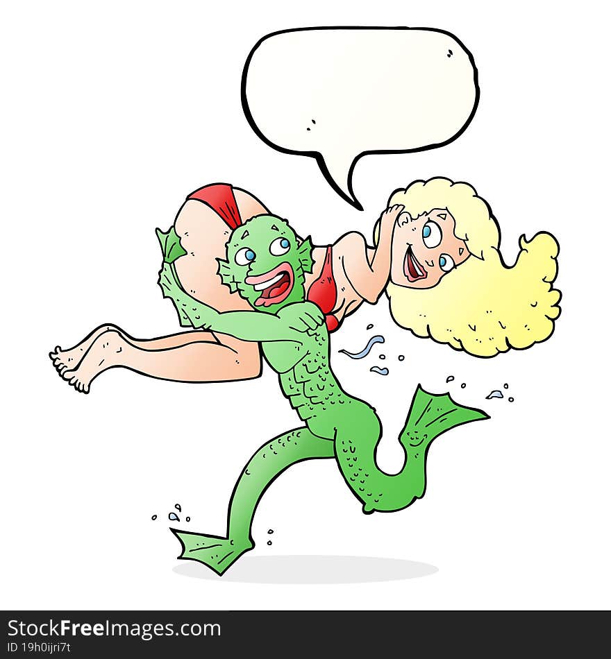 Cartoon Swamp Monster Carrying Girl In Bikini With Speech Bubble