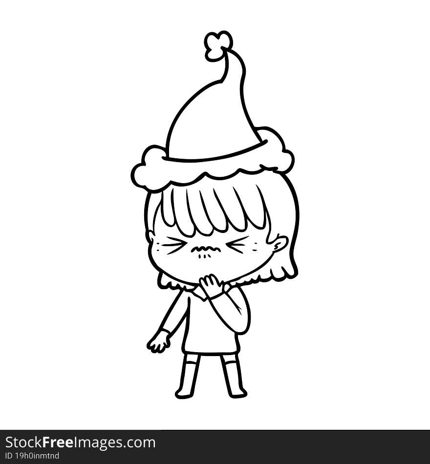 hand drawn line drawing of a girl regretting a mistake wearing santa hat