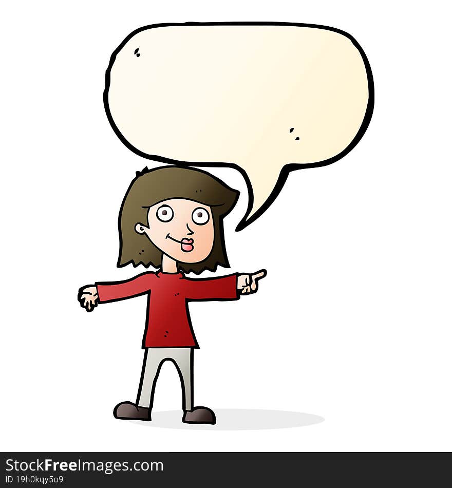 cartoon happy woman pointing with speech bubble