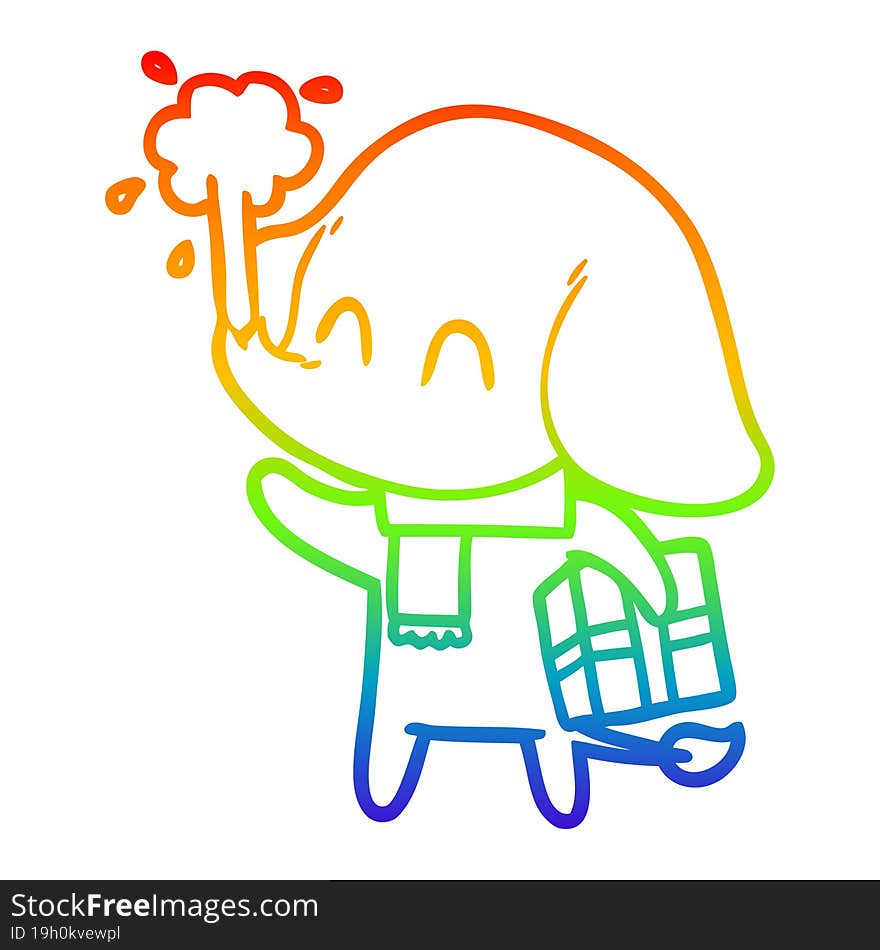 rainbow gradient line drawing of a cute cartoon elephant spouting water