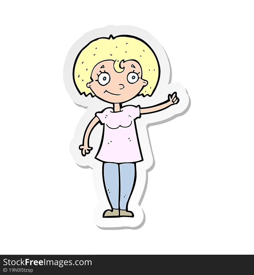 sticker of a cartoon happy woman pointing