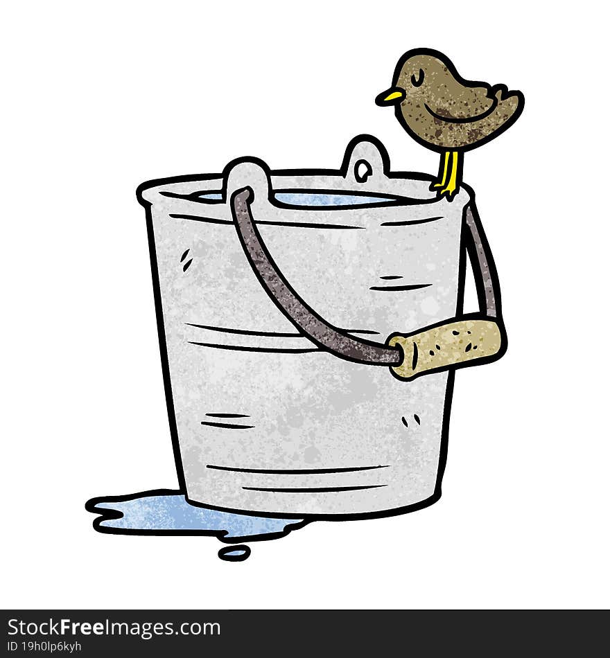 cartoon bird looking into bucket of water. cartoon bird looking into bucket of water