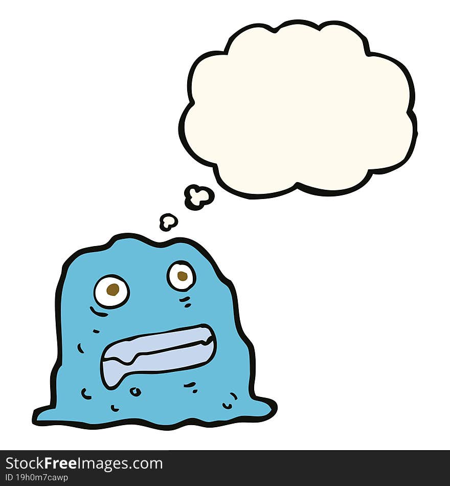 cartoon slime creature with thought bubble