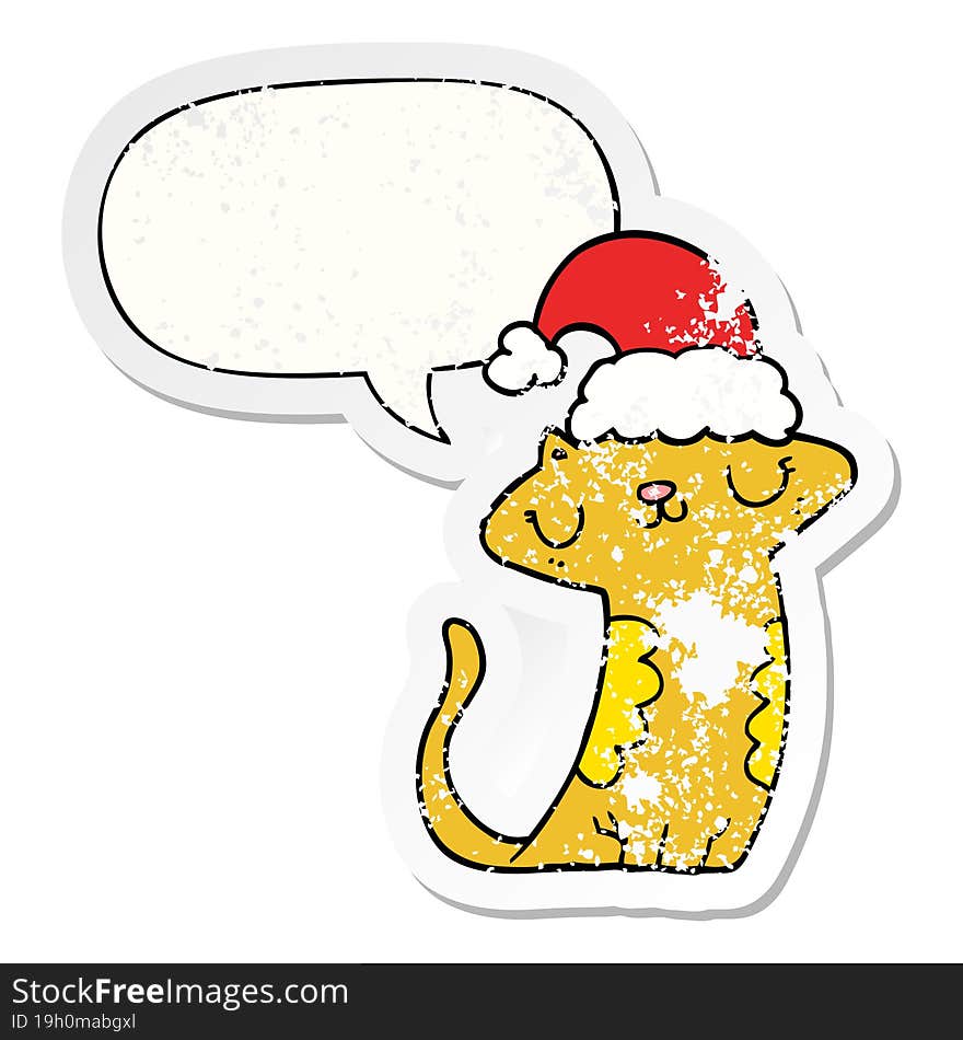 cute cartoon cat wearing christmas hat and speech bubble distressed sticker