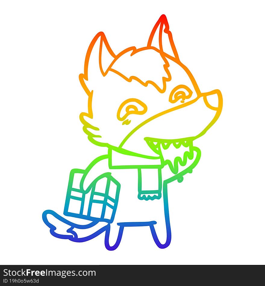 rainbow gradient line drawing cartoon hungry wolf holding christmas present