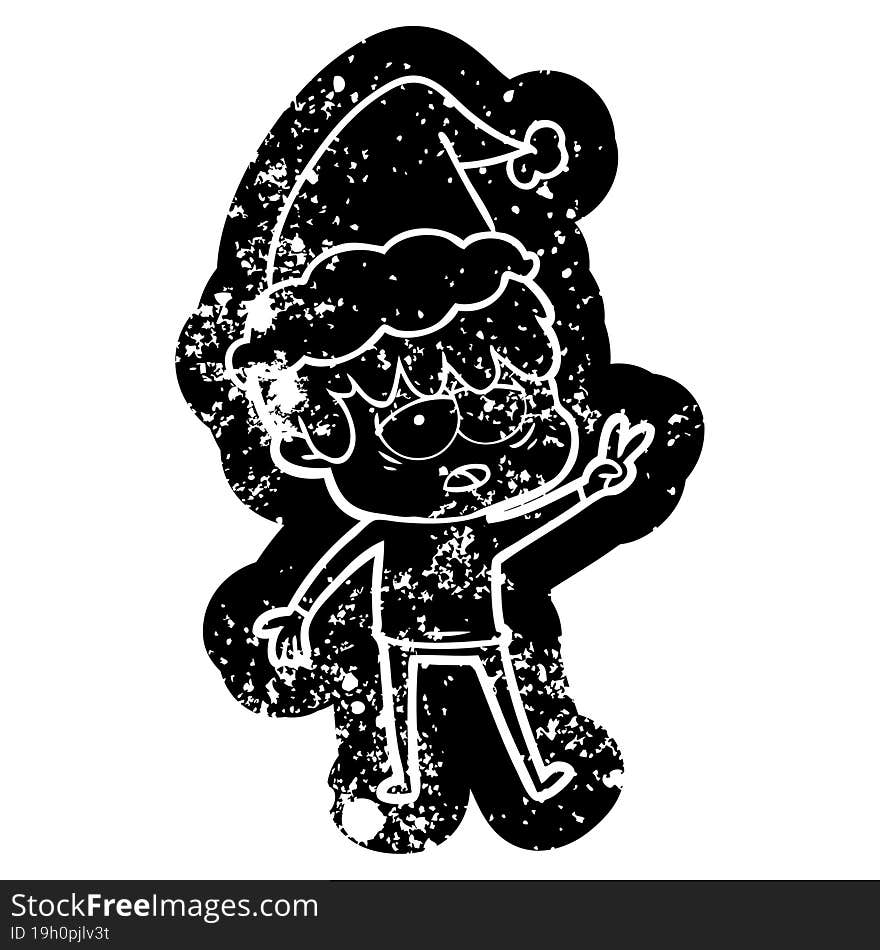 cartoon distressed icon of a exhausted boy wearing santa hat