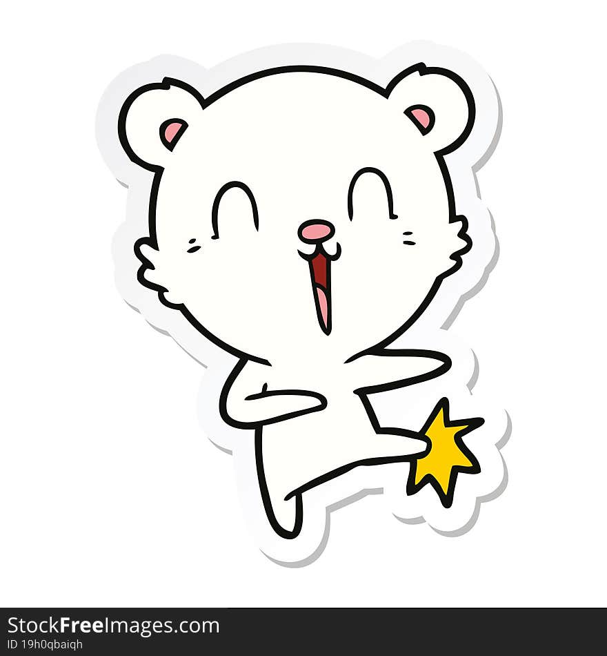 sticker of a happy cartoon polar bear kicking